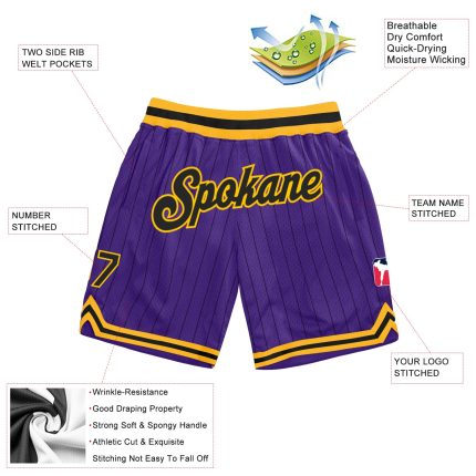 Personalized Purple Black Pinstripe Black-Gold Authentic Basketball Shorts Team Custom Name and Number