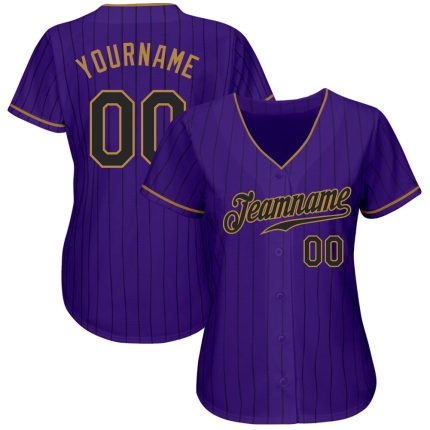 Personalized Purple Black Pinstripe Black-Old Gold Authentic Baseball Jersey Team Custom Name and Number