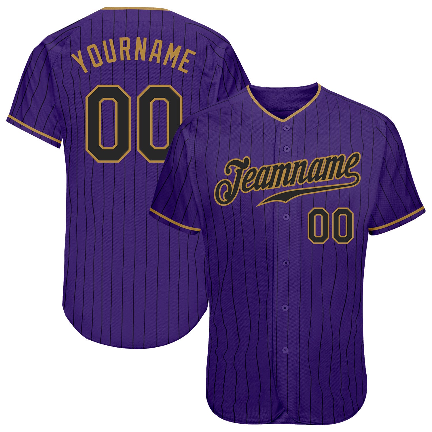 Personalized Purple Black Pinstripe Black-Old Gold Authentic Baseball Jersey Team Custom Name and Number