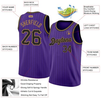 Personalized Purple Black Pinstripe Black-Old Gold Authentic Basketball Jersey Team Custom Name and Number