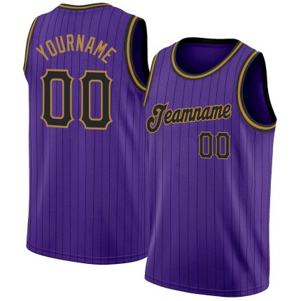 Personalized Purple Black Pinstripe Black-Old Gold Authentic Basketball Jersey Team Custom Name and Number