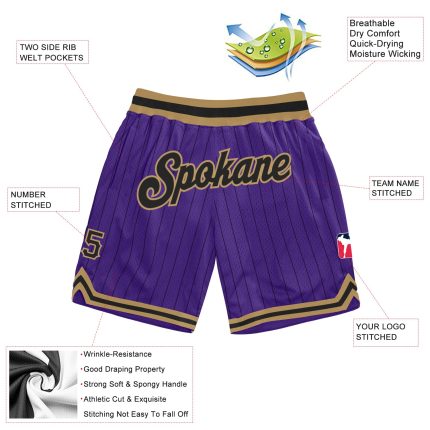 Personalized Purple Black Pinstripe Black-Old Gold Authentic Basketball Shorts Team Custom Name and Number