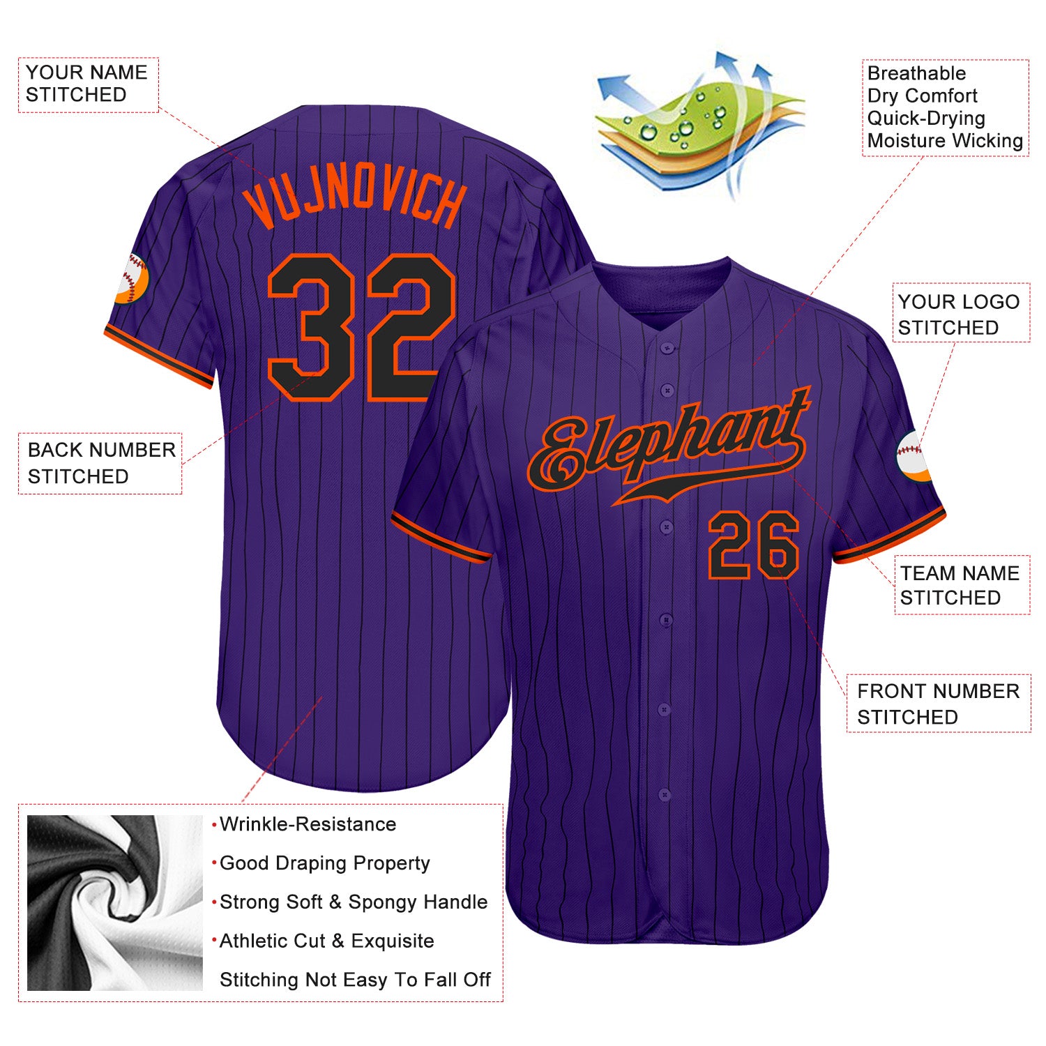 Personalized Purple Black Pinstripe Black-Orange Authentic Baseball Jersey Team Custom Name and Number Personalized Purple Black Pinstripe Black-Orange Authentic Baseball Jersey Team Custom Name and Number - Image 3