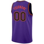 Custom purple, black and orange pinstripe basketball jersey, close-up of the collar