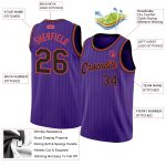 Custom purple, black and orange pinstripe basketball jersey, back view