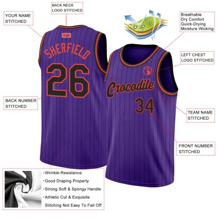 Personalized Purple Black Pinstripe Black-Orange Authentic Basketball Jersey Team Custom Name and Number