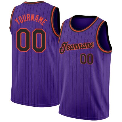 Personalized Purple Black Pinstripe Black-Orange Authentic Basketball Jersey Team Custom Name and Number