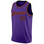 Custom purple, black and orange pinstripe basketball jersey, flat lay