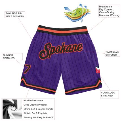 Personalized Purple Black Pinstripe Black-Orange Authentic Basketball Shorts Team Custom Name and Number