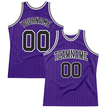 Personalized Purple Black Pinstripe Black-White Authentic Basketball Jersey Team Custom Name and Number