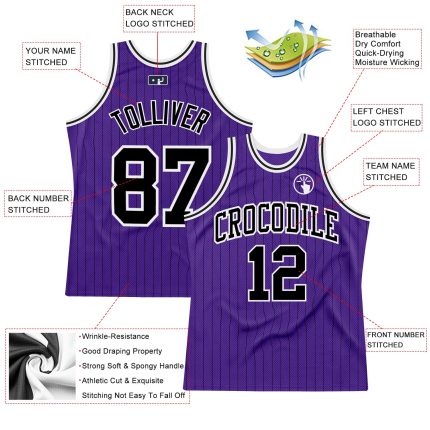 Personalized Purple Black Pinstripe Black-White Authentic Basketball Jersey Team Custom Name and Number