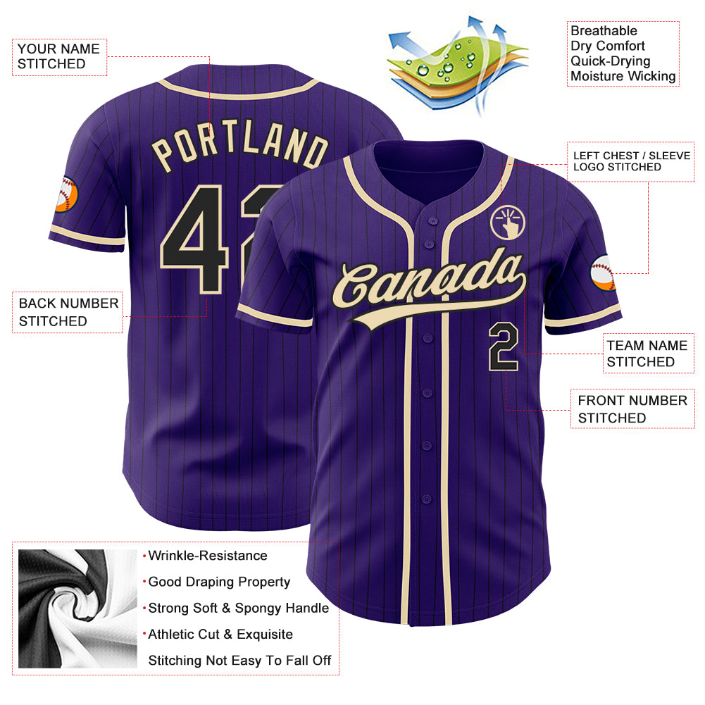 Personalized Purple Black Pinstripe City Cream Authentic Baseball Jersey Team Custom Name and Number Personalized Purple Black Pinstripe City Cream Authentic Baseball Jersey Team Custom Name and Number - Image 3