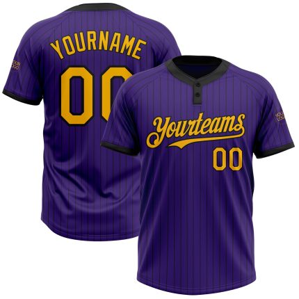 Personalized Purple Black Pinstripe Gold Two-Button Unisex Softball Jersey Team Custom Name and Number