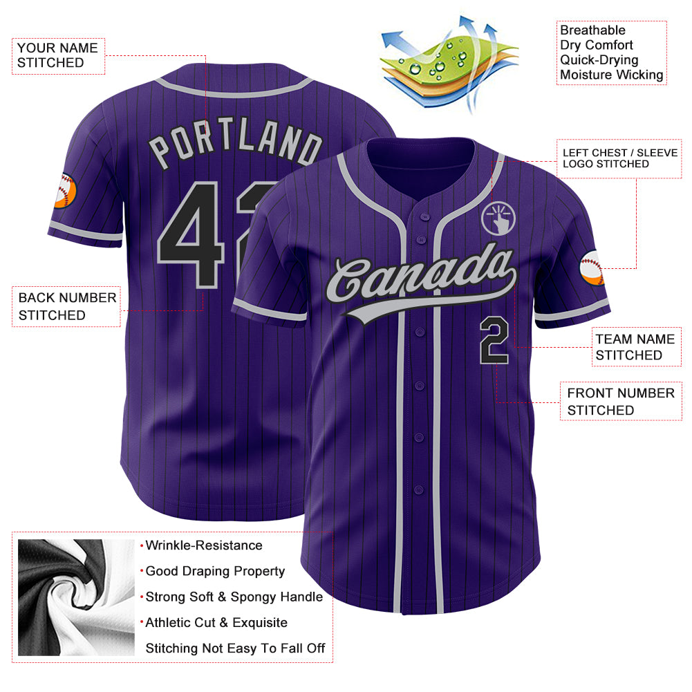 Personalized Purple Black Pinstripe Gray Authentic Baseball Jersey Team Custom Name and Number Personalized Purple Black Pinstripe Gray Authentic Baseball Jersey Team Custom Name and Number - Image 3