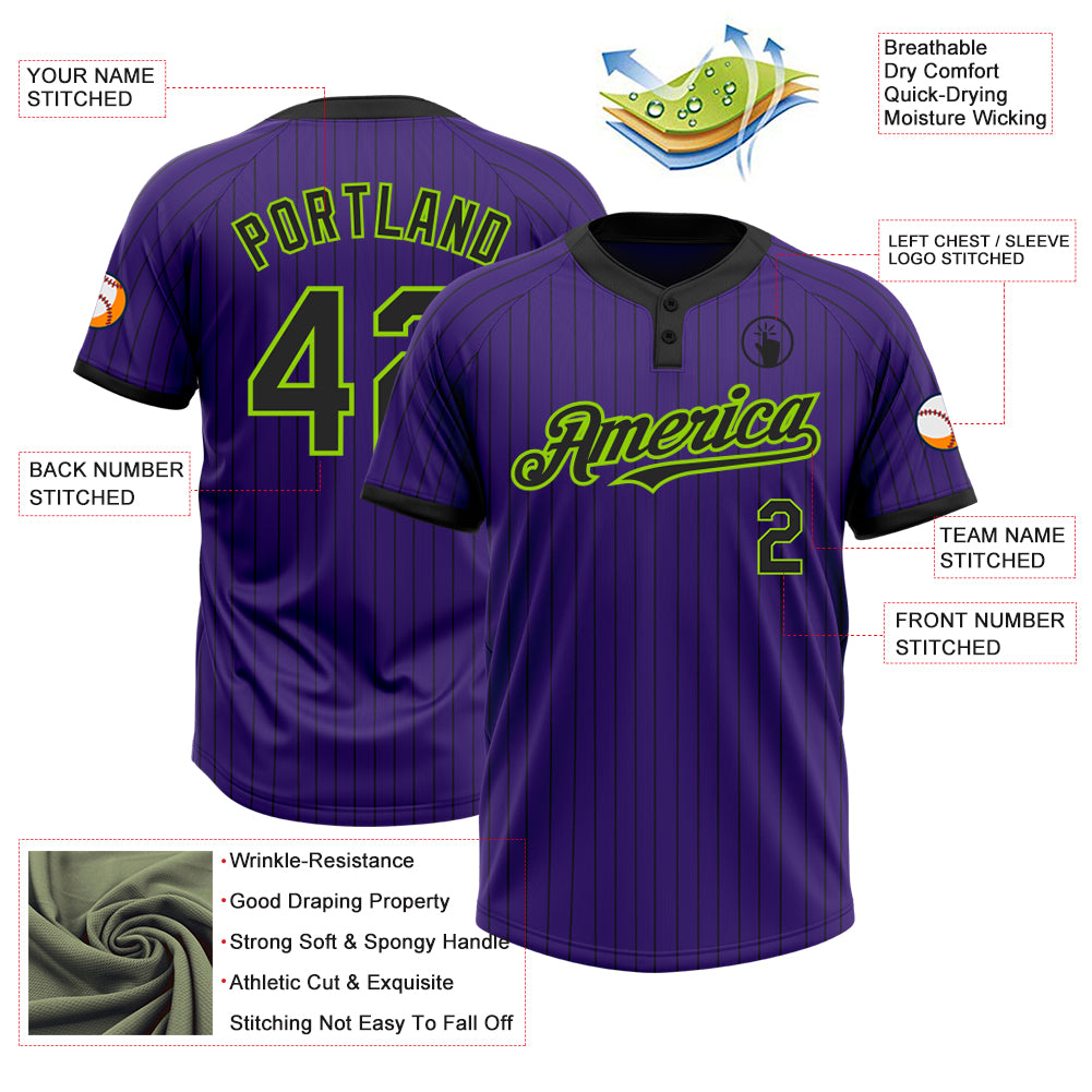 Personalized Purple Black Pinstripe Neon Green Two-Button Unisex Softball Jersey Team Custom Name and Number Personalized Purple Black Pinstripe Neon Green Two-Button Unisex Softball Jersey Team Custom Name and Number - Image 3