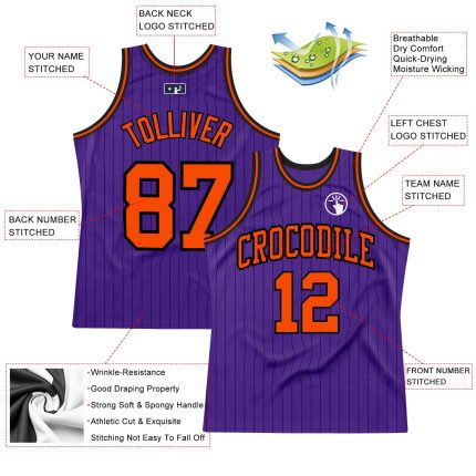 Personalized Purple Black Pinstripe Orange Authentic Basketball Jersey Team Custom Name and Number