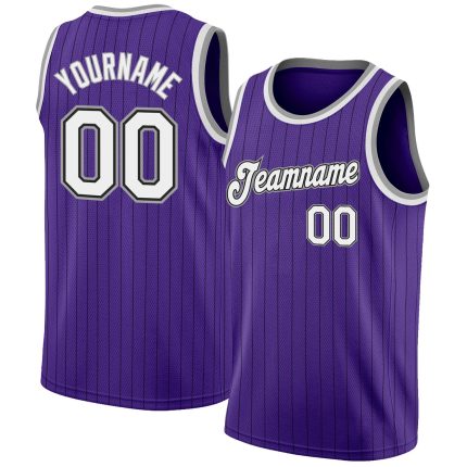 Personalized Purple Black Pinstripe White-Gray Authentic Basketball Jersey Team Custom Name and Number