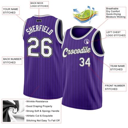 Personalized Purple Black Pinstripe White-Gray Authentic Basketball Jersey Team Custom Name and Number