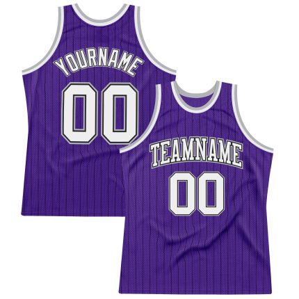 Personalized Purple Black Pinstripe White-Gray Authentic Basketball Jersey