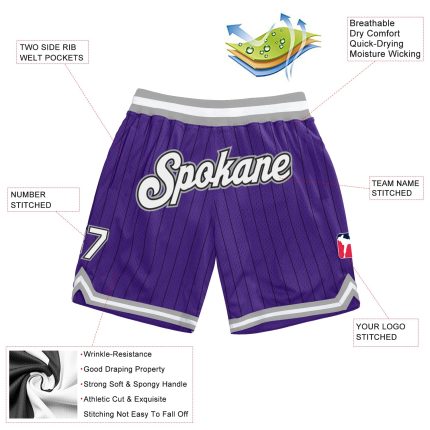 Personalized Purple Black Pinstripe White-Gray Authentic Basketball Shorts Team Custom Name and Number