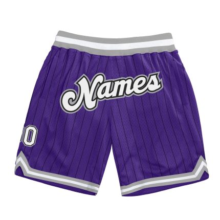 Personalized Purple Black Pinstripe White-Gray Authentic Basketball Shorts Team Custom Name and Number