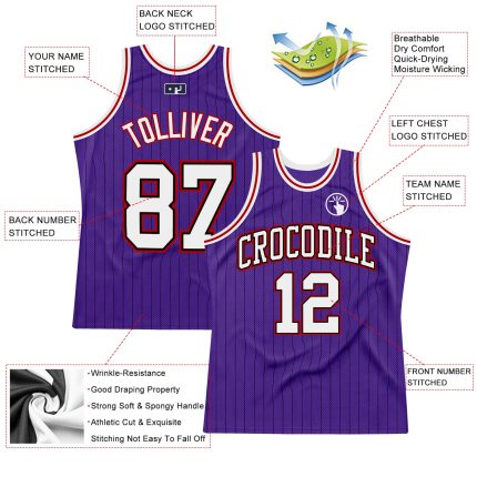 Personalized Purple Black Pinstripe White-Red Authentic Basketball Jersey
