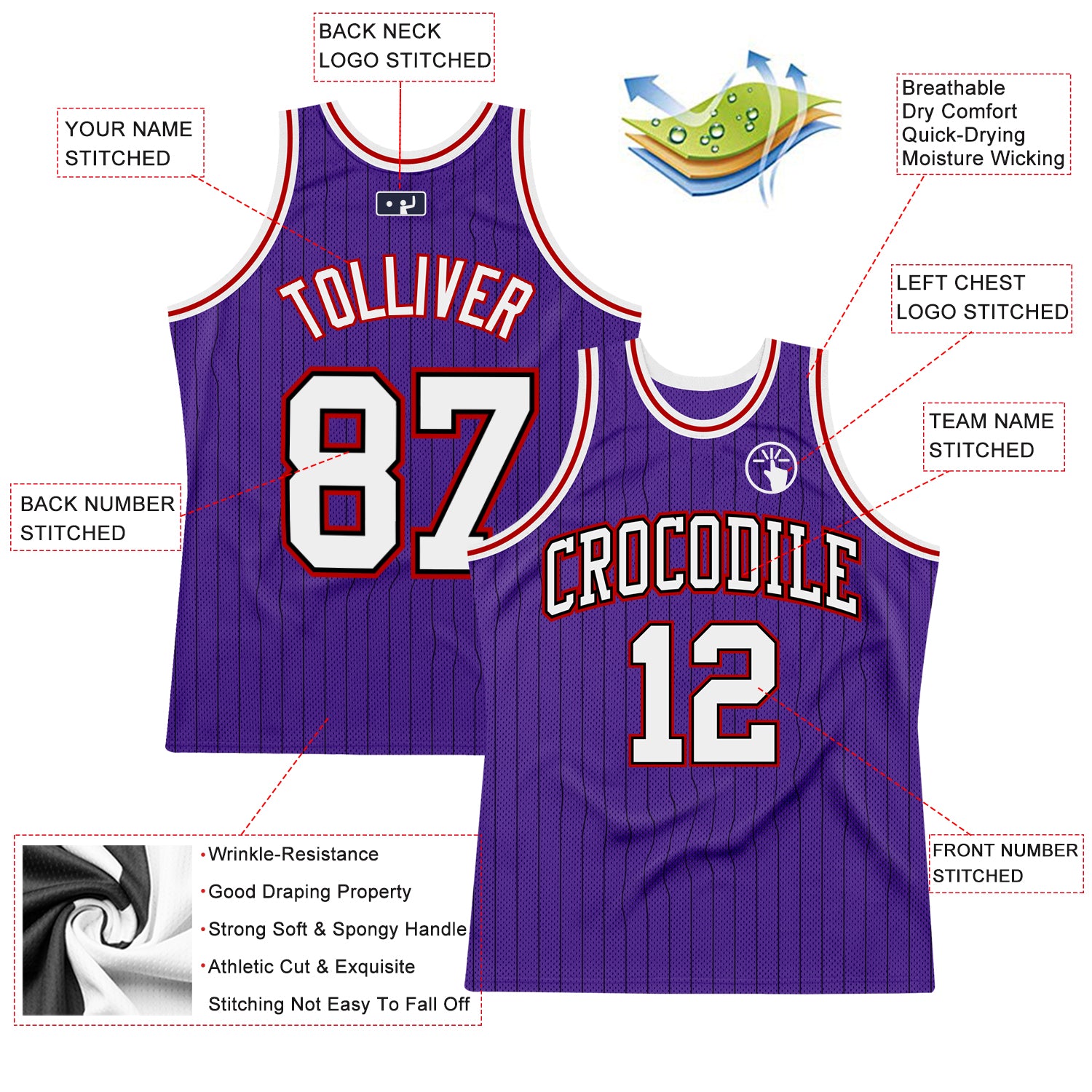 Personalized Purple Black Pinstripe White-Red Authentic Basketball Jersey Personalized Purple Black Pinstripe White-Red Authentic Basketball Jersey - Image 2