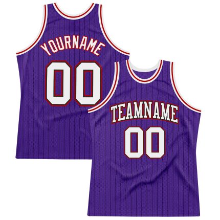 Personalized Purple Black Pinstripe White-Red Authentic Basketball Jersey