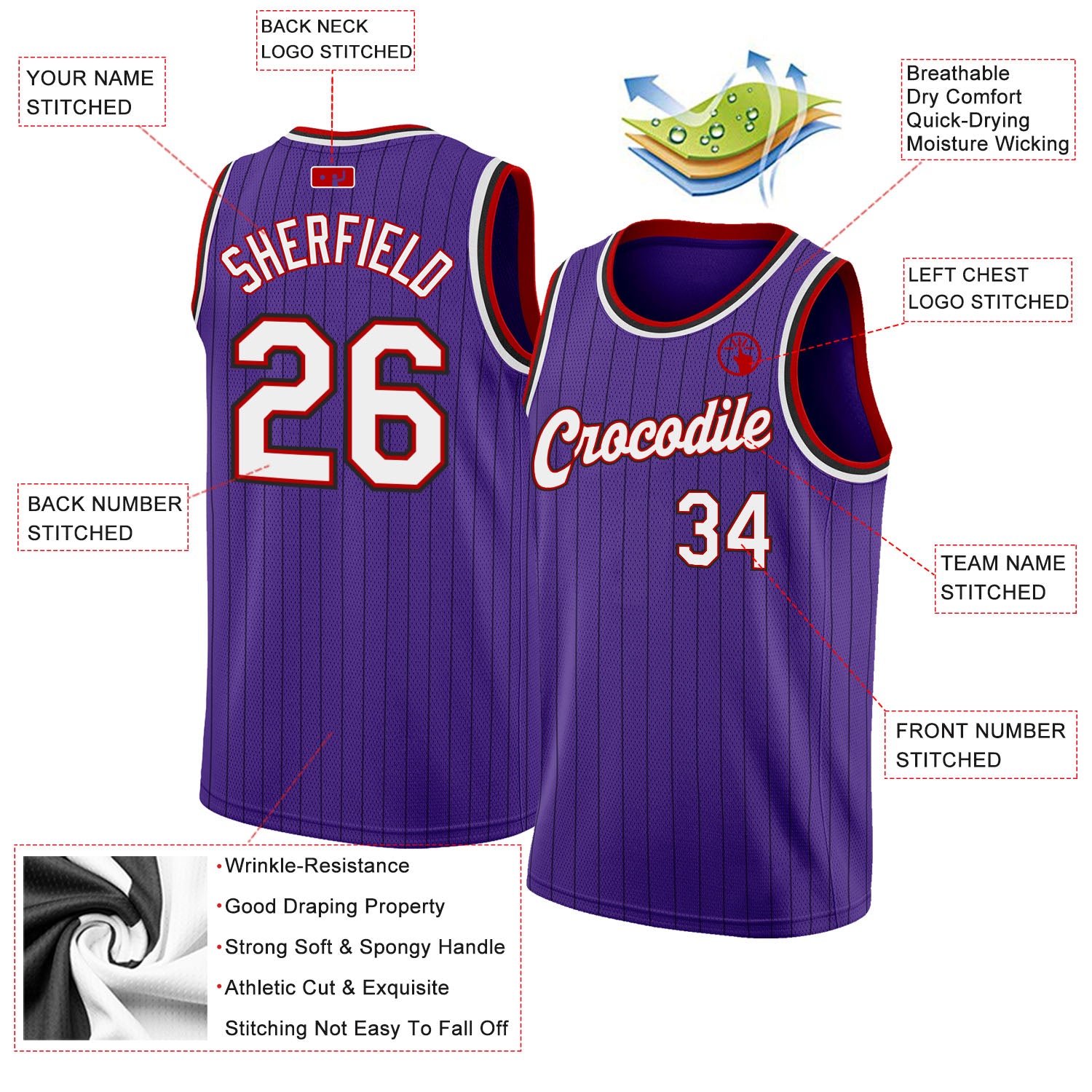 Personalized Purple Black Pinstripe White-Red Authentic Basketball Jersey Team Custom Name and Number Personalized Purple Black Pinstripe White-Red Authentic Basketball Jersey Team Custom Name and Number - Image 2