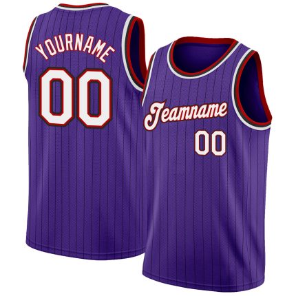 Personalized Purple Black Pinstripe White-Red Authentic Basketball Jersey Team Custom Name and Number