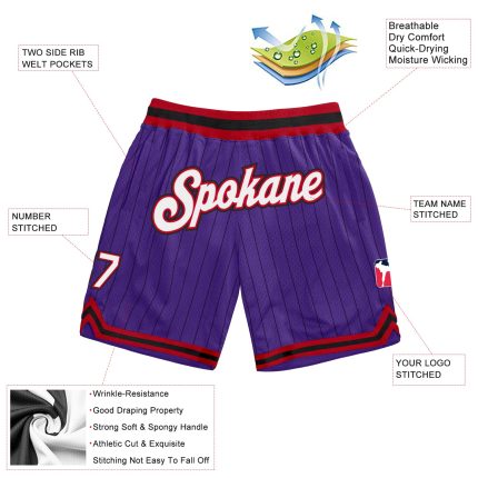Personalized Purple Black Pinstripe White-Red Authentic Basketball Shorts Team Custom Name and Number
