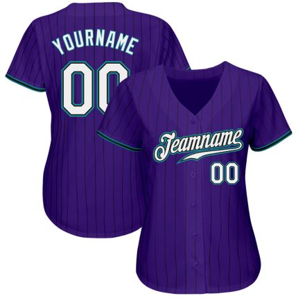 Personalized Purple Black Pinstripe White-Teal Authentic Baseball Jersey Team Custom Name and Number