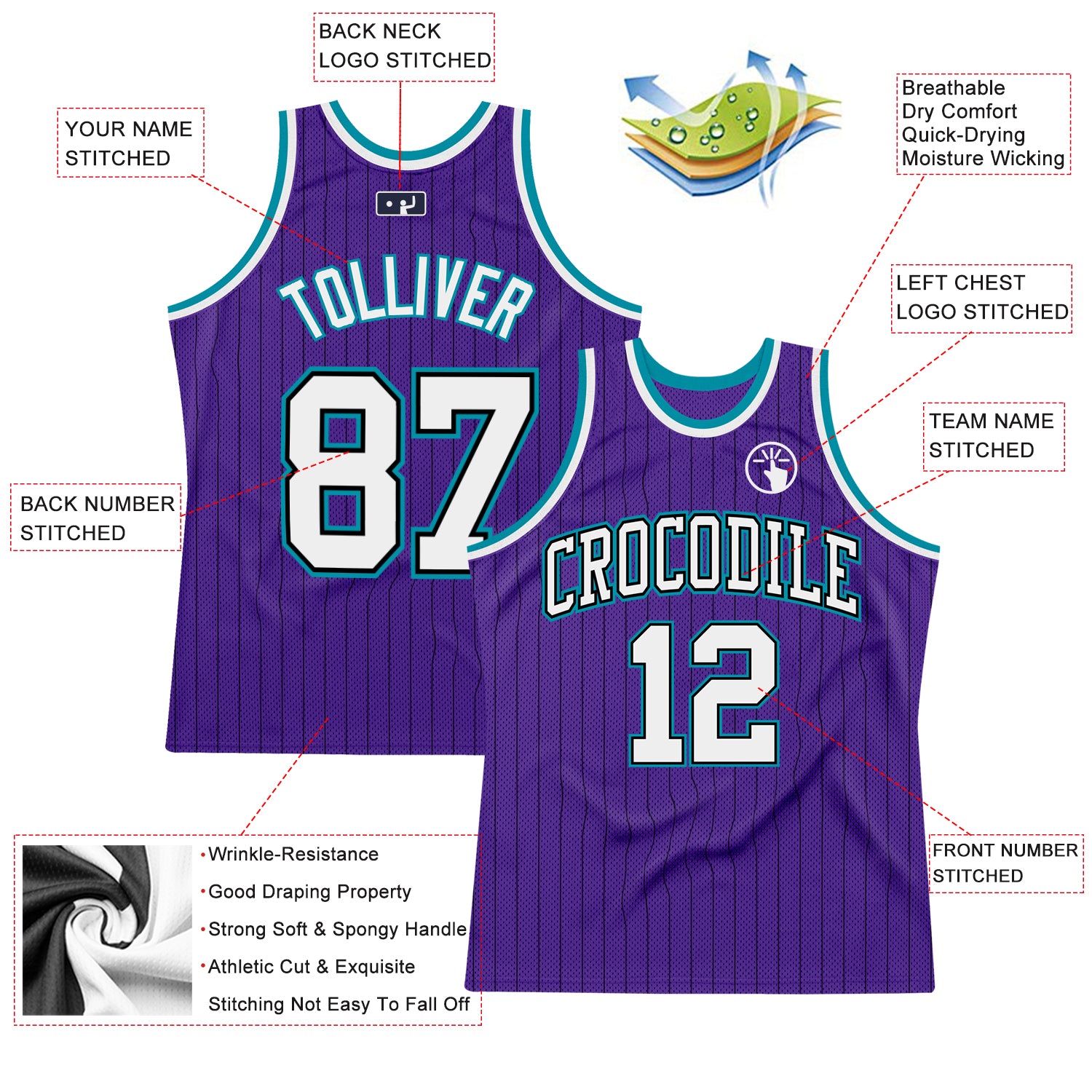 Personalized Purple Black Pinstripe White-Teal Authentic Basketball Jersey Personalized Purple Black Pinstripe White-Teal Authentic Basketball Jersey - Image 2