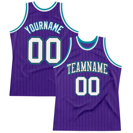 Personalized Purple Black Pinstripe White-Teal Authentic Basketball Jersey
