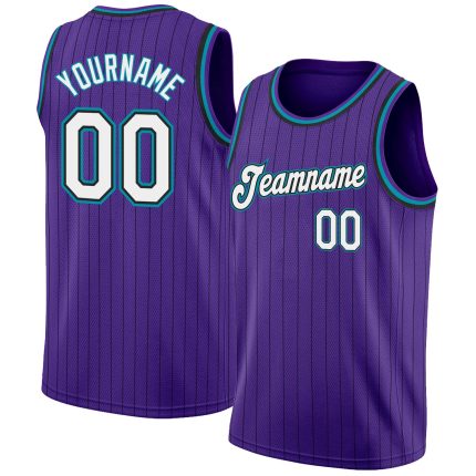 Personalized Purple Black Pinstripe White-Teal Authentic Basketball Jersey Team Custom Name and Number