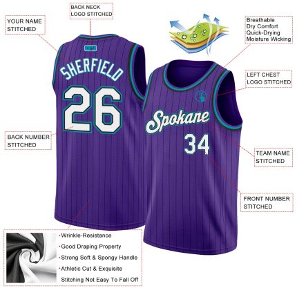 Personalized Purple Black Pinstripe White-Teal Authentic Basketball Jersey Team Custom Name and Number