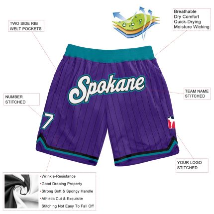Personalized Purple Black Pinstripe White-Teal Authentic Basketball Shorts Team Custom Name and Number