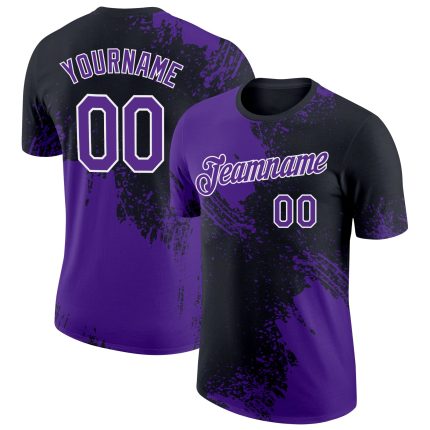 Personalized Purple Black-White 3D Pattern Design Abstract Brush Stroke Performance T-Shirt Team Custom Name and Number