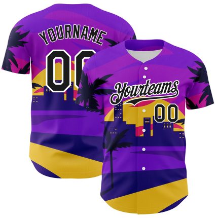 Personalized Purple Black-White 3D Pattern Design Hawaii Palm Trees Authentic Baseball Jersey Team Custom Name and Number