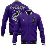Personalized Purple Black-White Bomber Full-Snap Varsity Letterman Jacket