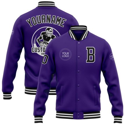 Personalized Purple Black-White Bomber Full-Snap Varsity Letterman Jacket