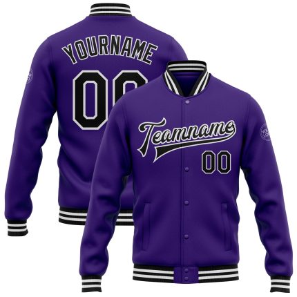 Personalized Purple Black-White Bomber Full-Snap Varsity Letterman Jacket Team Custom Name and Number