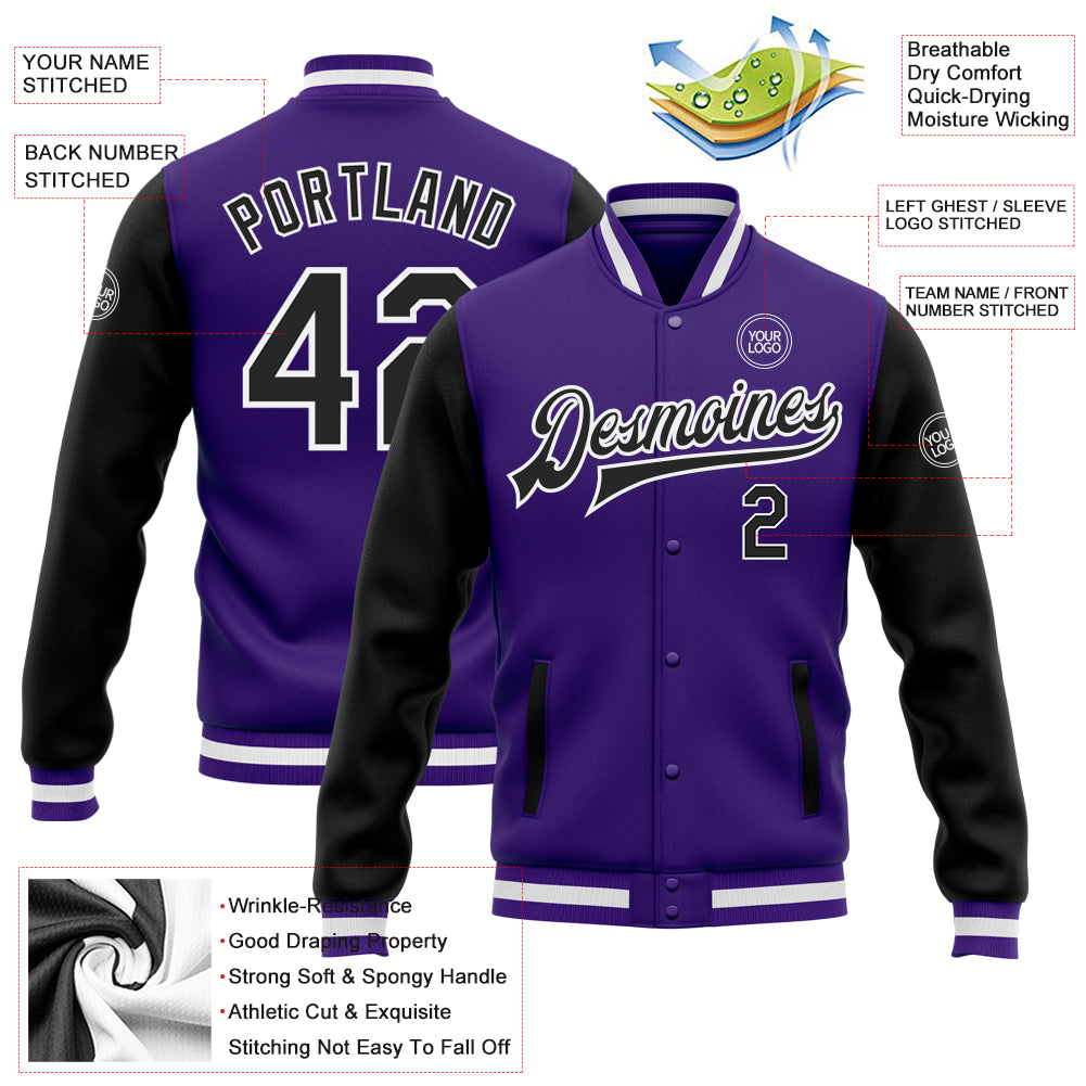 Personalized Purple Black-White Bomber Full-Snap Varsity Letterman Two Tone Jacket Team Custom Name and Number Personalized Purple Black-White Bomber Full-Snap Varsity Letterman Two Tone Jacket Team Custom Name and Number - Image 3