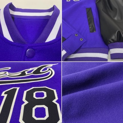 Personalized Purple Black-White Bomber Full-Snap Varsity Letterman Two Tone Jacket Team Custom Name and Number