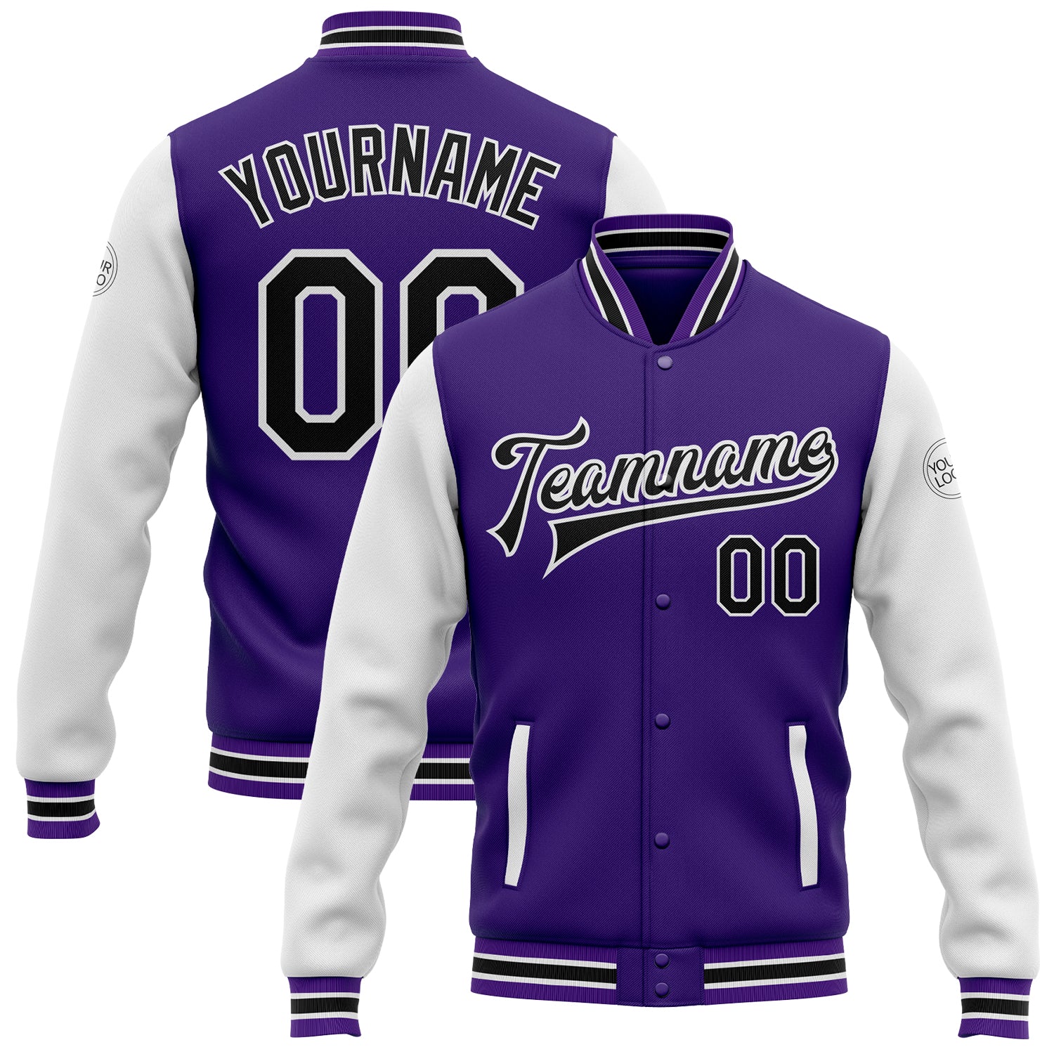 Personalized Purple Black-White Bomber Full-Snap Varsity Letterman Two Tone Jacket