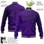 Personalized Purple Black-White Halftone 3D Pattern Design Bomber Full-Snap Varsity Letterman Jacket Team Custom Name and Number