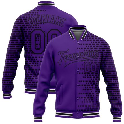 Personalized Purple Black-White Halftone 3D Pattern Design Bomber Full-Snap Varsity Letterman Jacket Team Custom Name and Number