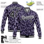 Personalized Purple Black-White Leopard Print 3D Pattern Design Bomber Full-Snap Varsity Letterman Jacket Team Custom Name and Number