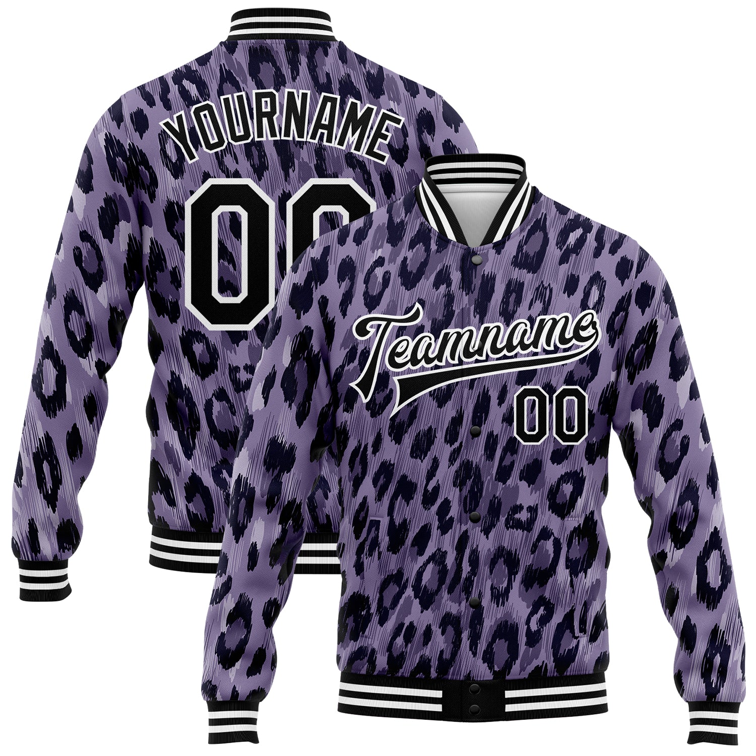 Personalized Purple Black-White Leopard Print 3D Pattern Design Bomber Full-Snap Varsity Letterman Jacket Team Custom Name and Number