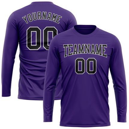 Personalized Purple Black-White Long Sleeve Performance T-Shirt Team Custom Name and Number